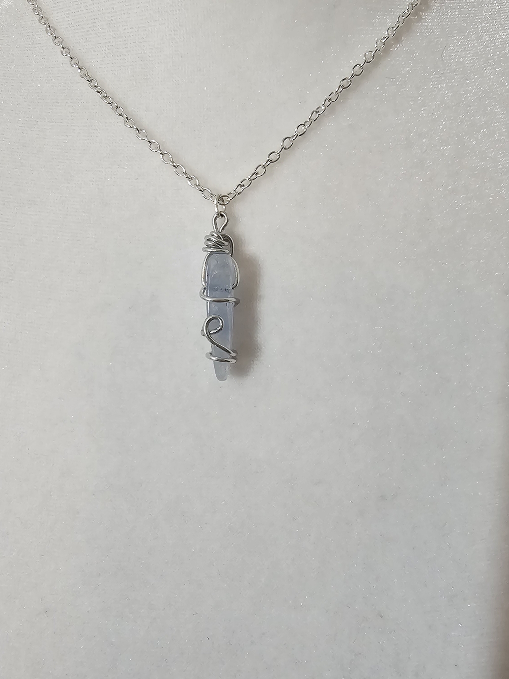 Silver Tone (Nickel-free) Wire-Wrapped Pale Blue Crystal Pendant Necklace
